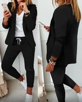 2021 women new autumn lapel collar blazer coat drawstring pants set long leggings suit elegant 2 piece jacket outfits