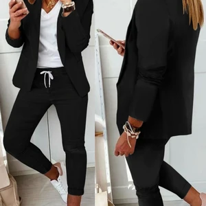 Imported 2021 Women New Autumn Lapel Collar Blazer Coat & Drawstring Pants Set Long Leggings Suit Elegant 2 P