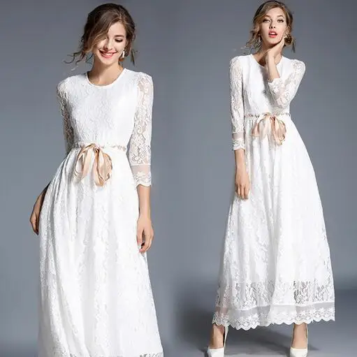 Женское длинное кружевное платье с поясом элегантное белое вечернее макси