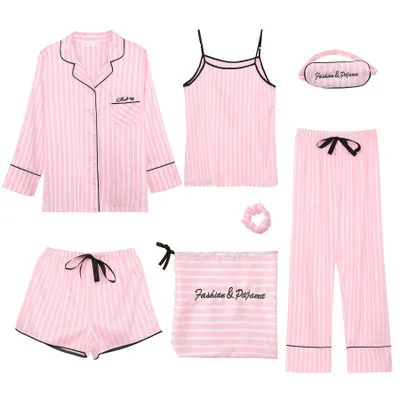 

7 Pieces Womens Silk Satin Pajamas Sets Pyjamas Set Sleepwear Pijama Pajamas Suit Female Sleep Two Piece Set Loungewear 2021