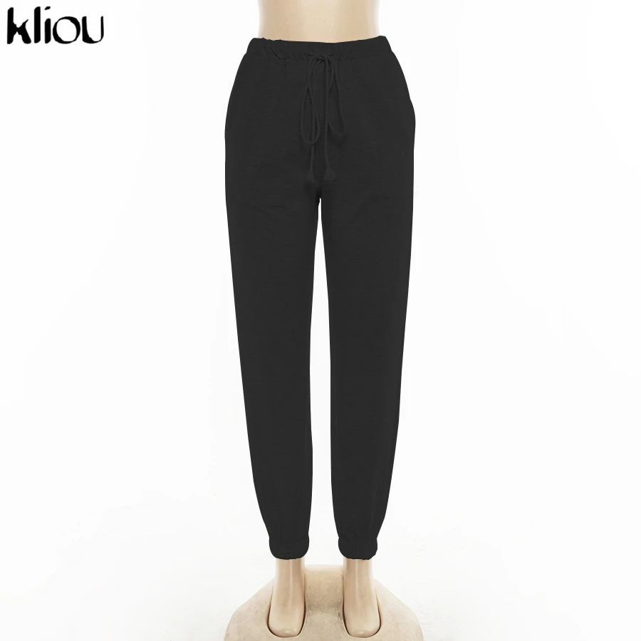 Kliou women's pants casual streetwear elastic waist drawstring cotton cargo pants autumn joggers pockets fashion trousers