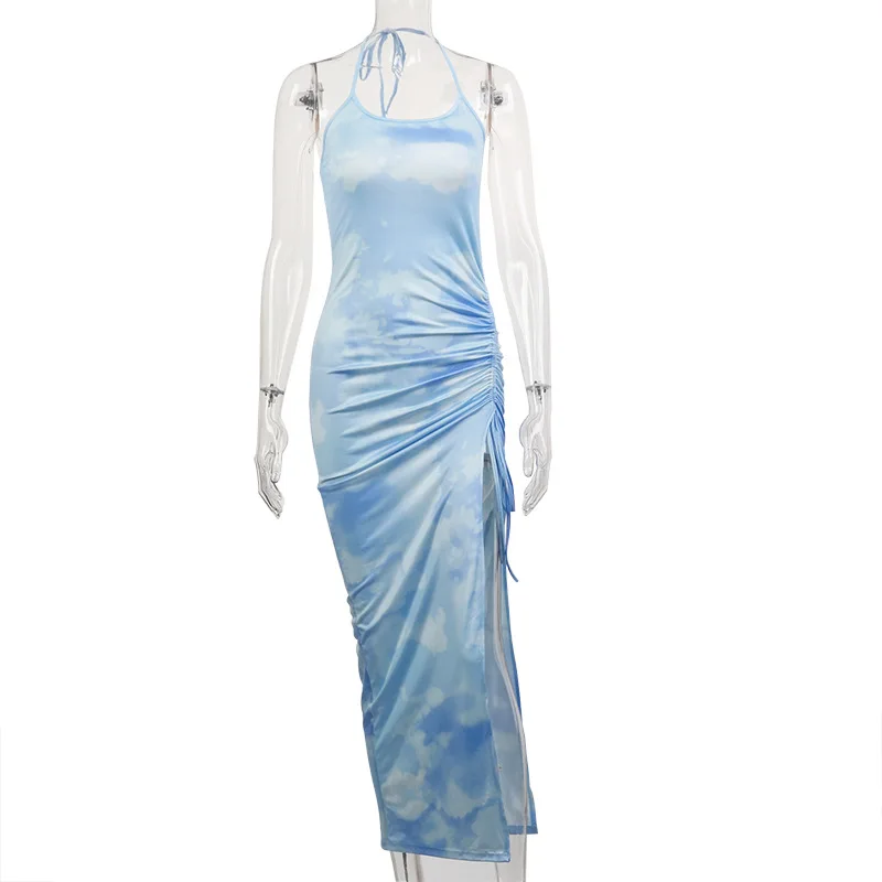

Summer Women's Dress 2021 Fashion Tie Dye Drawstring Side Slit Maxi Dresses Trap Sleeveless Party Backelss Bodycon Halter Dress