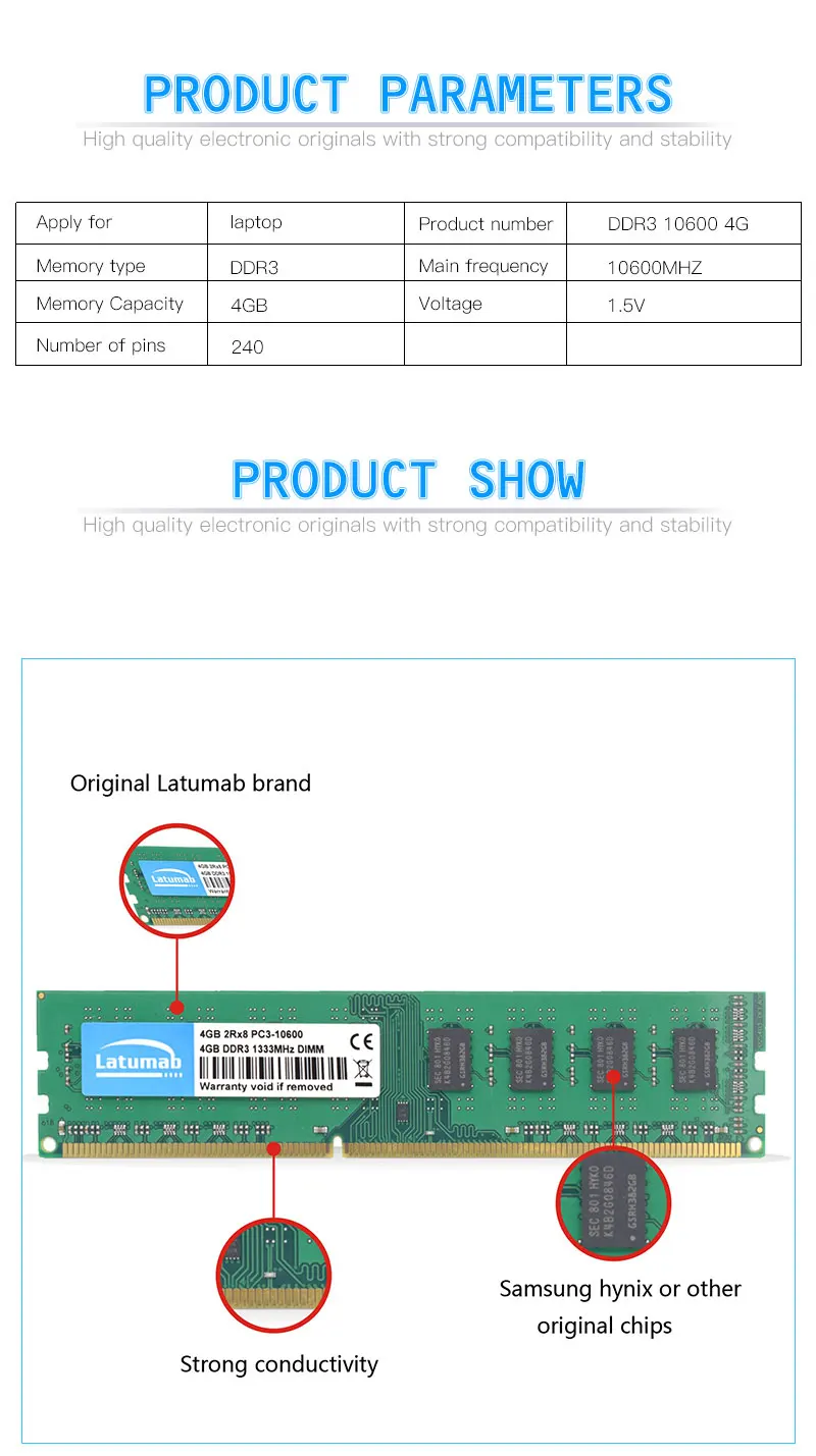 Latumab DDR3 4 GB/8 GB/16 GB/32 GB/DDR3 PC3 1066 МГц 1333 1600 МГц 1866 10600 12800 8500 Pc оперативная память Настольный сервер модуль памяти Ram