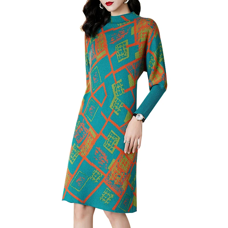 

Casual 3XL Plus Size Knitting Sweaters Elegant Women Vestidos 2021 Autumn Print Vintage Turtleneck Wool Sweater Dresses Winter