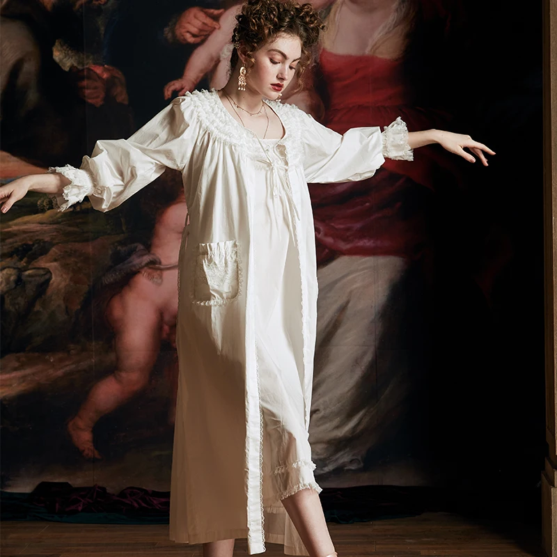 Two-piece Set Ночная рубашка, хлопковый Халат, женская пижама с длинным рукавом, набор халатов, Женский Осенний халат, элегантный винтажный дизайн, высокое качество - Цвет: Two-piece Set