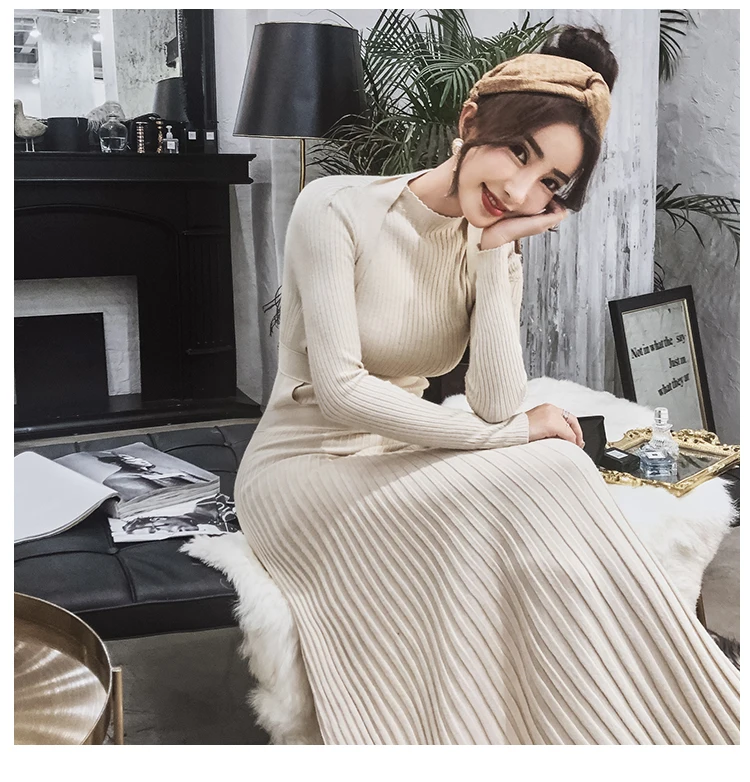 Women Slim Long Maxi Knitting Sweater Dress Autumn Winter Full Sleeve Pleated A-line Dress Big Swing Ladies Pullover Dresses