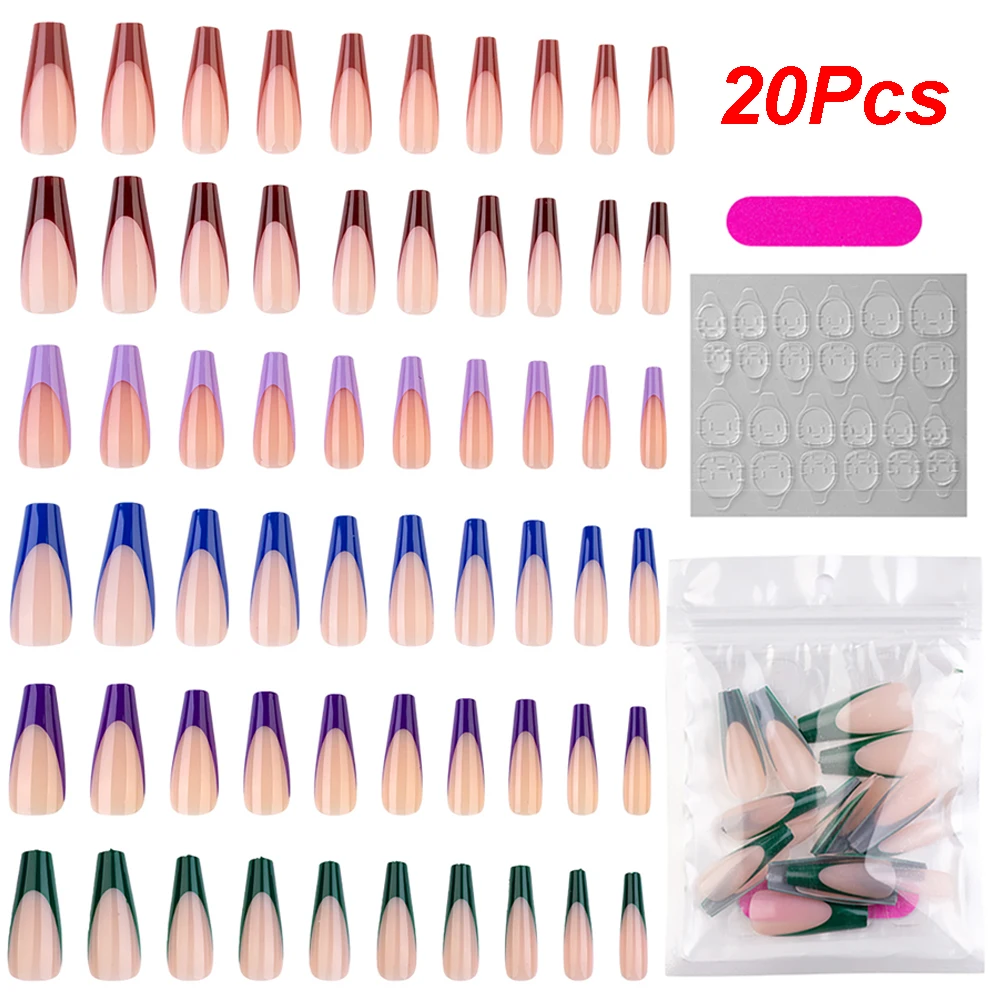 20Pcs/pack Full Cover French Gradient Fake Nails DIY Nail Art Artificial Detachable False Nail Art Tips Ballerina False Nails