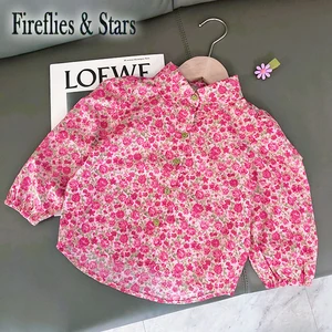 Демисезонная Блузка для девочек, рубашка для малышей, детские топы, модная одежда для детей, с цветами розы, с пышными рукавами и отложным воротником, от 2 до 8 лет