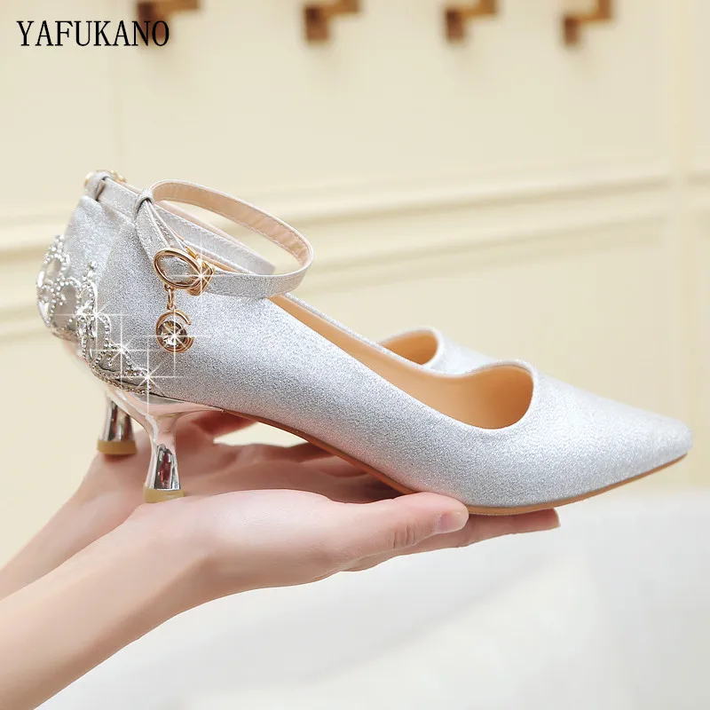 

Silver Bridal Wedding Shoes Plus size 33-41 Women Rhinestone Crystal Shallow Woman Pumps 5cm/7cm/9cm Party High heels