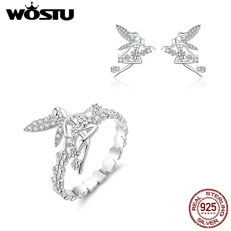 WOSTU 100% Стерлинговое Серебро 925 пробы цветок фея эльф ювелирный набор кольцо и