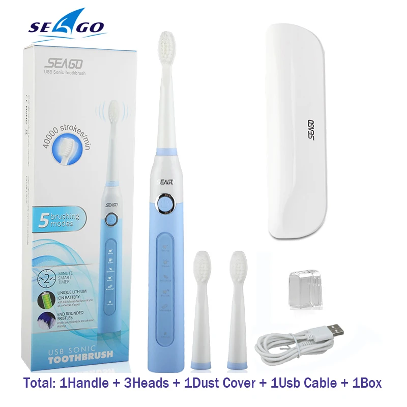 BLUE toothbrush box Seago SG507B электрические зубные щетки, звуковая автоматическая щетка для взрослых с таймером, перезаряжаемая USB электрическая зубная щетка, водонепроницаемая подарочная коробка - Цвет: BLUE toothbrush box