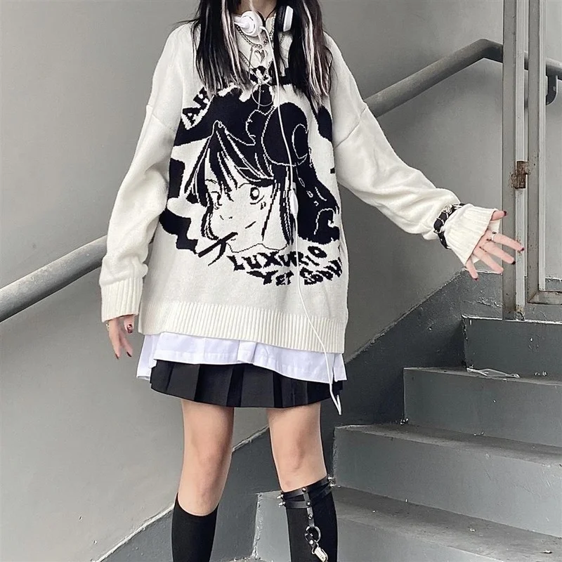 

Deeptown Gothic Anime Print Sweater Winter Clothes Women 2021 Korean Pullover Fashion Long Sleeve Tops Black Crewneck Casual