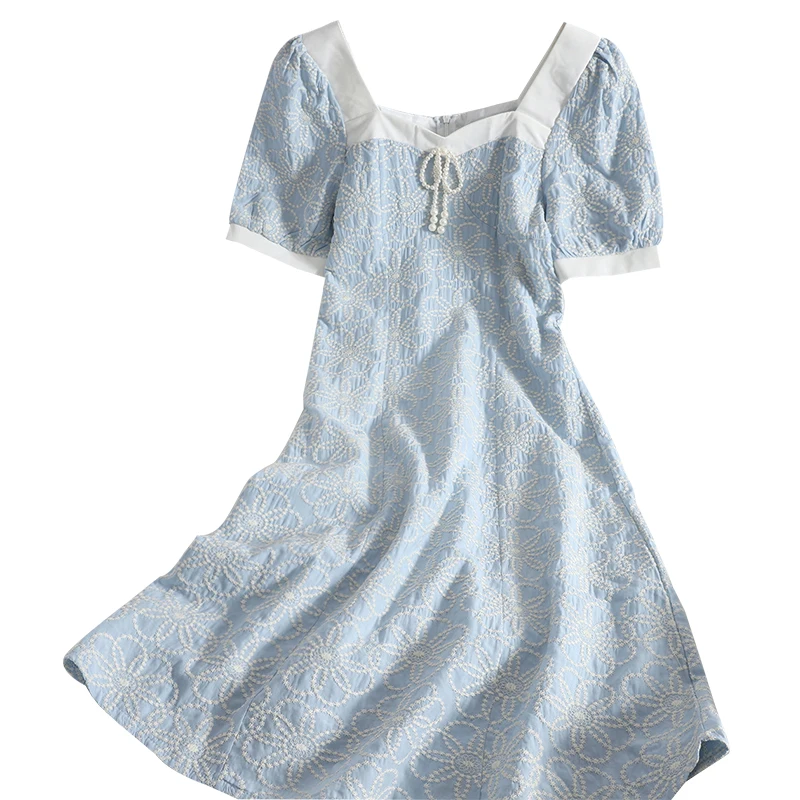 

Kimutomo Contrasting Color Dress Women Square Collar Puff Sleeve Beaded Elegant Korean High Waist Embroidered Vestidos Female