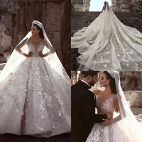 2021 glamorous luxury dubai arabic new lace ball gowns wedding dresses long sleeves 3d flowers beading wedding dress bridal