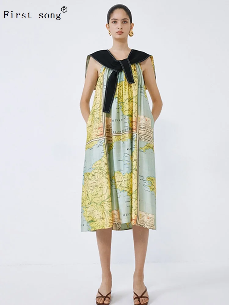 

Free shipping printed map loose sleeveless suspenders dress ladies summer new style with small shawl two-piece suit personality