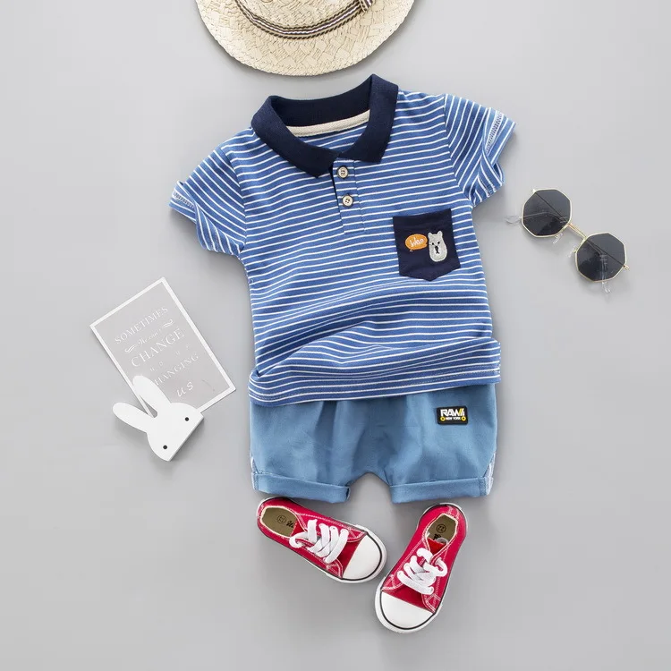 Одежда для маленьких мальчиков 2019 г. Новый комплект топы в полоску с короткими
