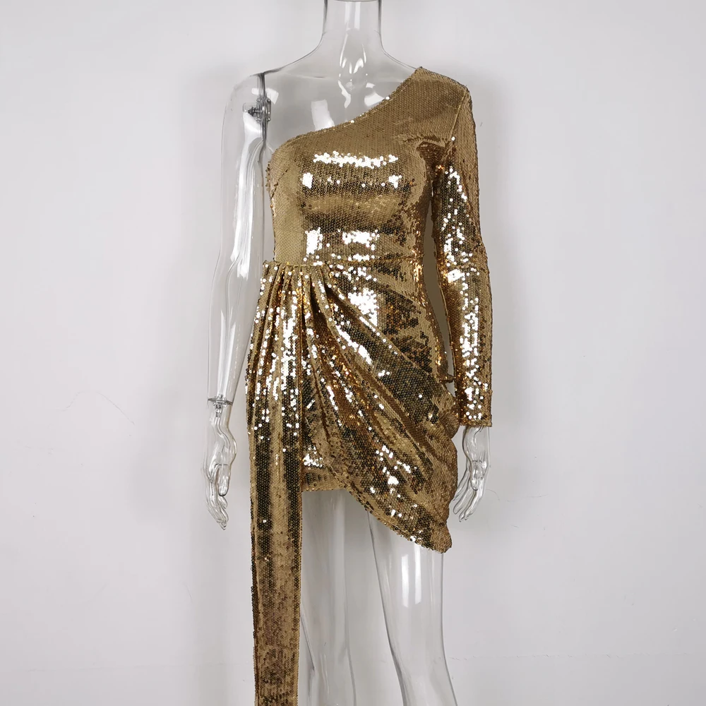

Fyrneh Ladies Sequin Evening Runway Party Club Short Mini Dress Women Long Sleeve Golden Sexy Sparkle Glitter Bodycon Dresses