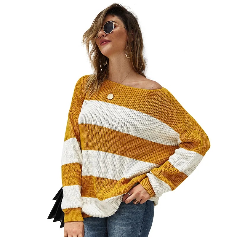 Autumn Women Off The Shoulder Pullovers Jumpers Sexy Striped Sweater Knitted Loose Casual Warm 2019 Mujer Pullover | Женская одежда