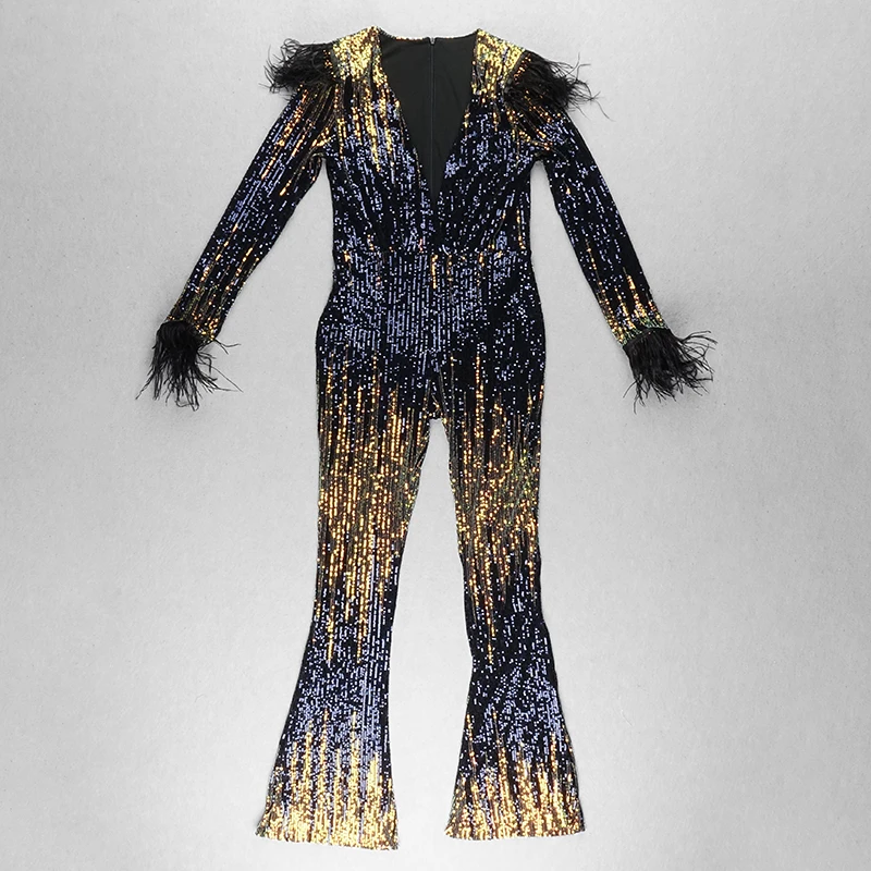 

2020 NEW Women V-Neck long sleeve sequined Jumpsuit elegant Bodycon Celebrity evening Party Bandage Jumpsuits
