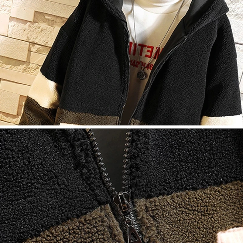 

Mens Hooded Jacket Men 2021 Winter Fleece Windbreaker Patchwork Zipper Coat Japanese Streetwear Harajuku Grey Jackets