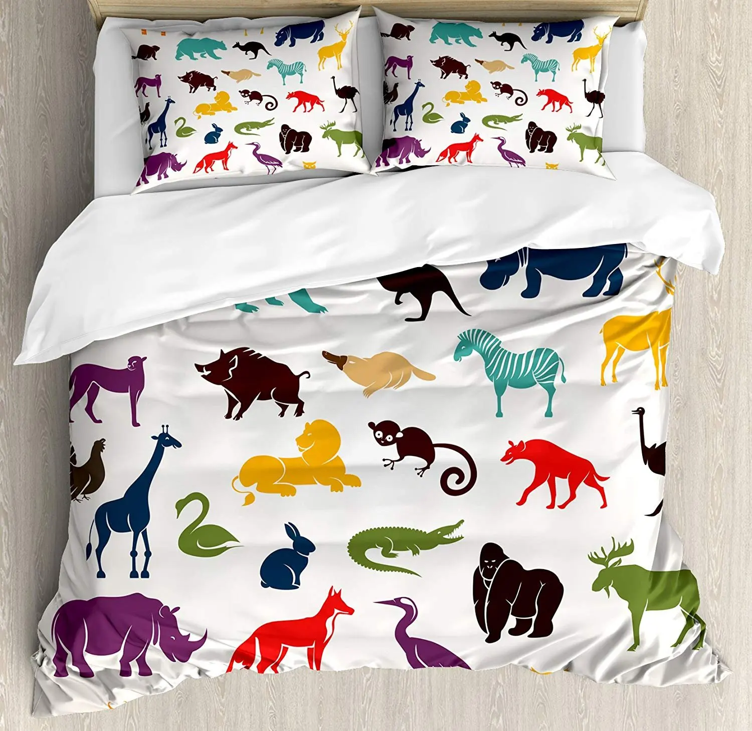 

Zoo Bedding Set African and European Animal Silhouettes in Cartoon Style Safari Wildlife Zoo Duvet Cover Pillowcase For Home