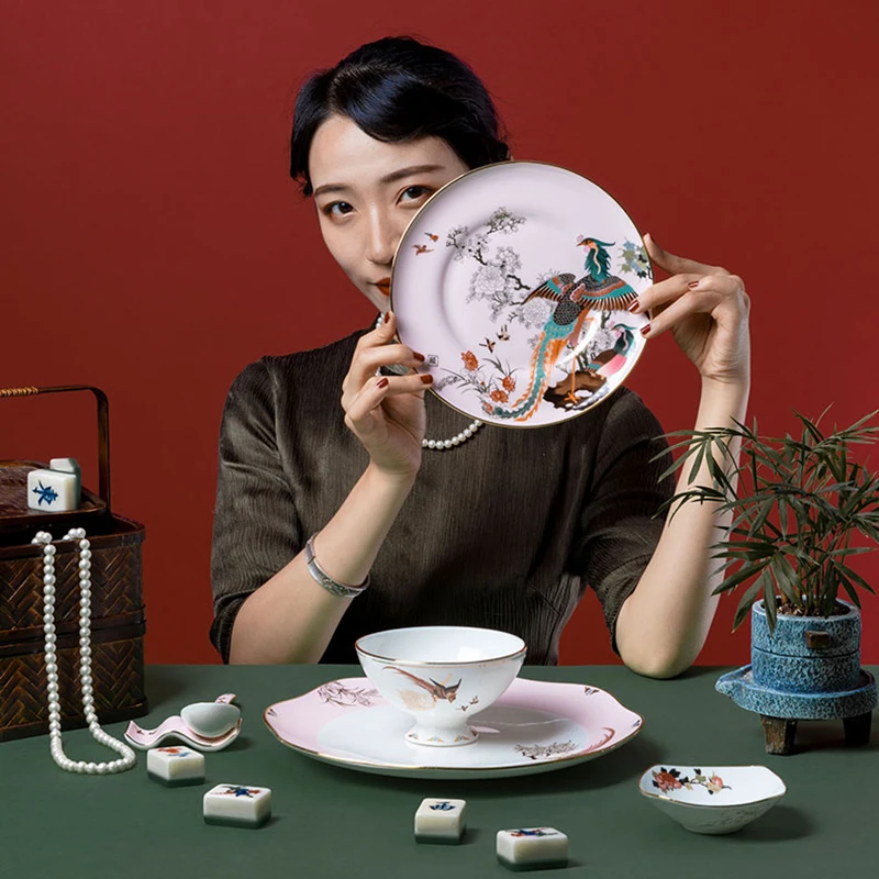 

EECAMAIL One Person Bone China Ceramic Tableware Set Home Creative Dishes Chinese-style Red Person Ins Valentine's Day Gift