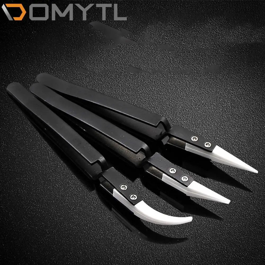 

1pcs Tweezers Stainless Steel Black Handle Clamping Ceramic Contrast Antimagnetic Precision Clamping Pointed Elbow Hand Tool