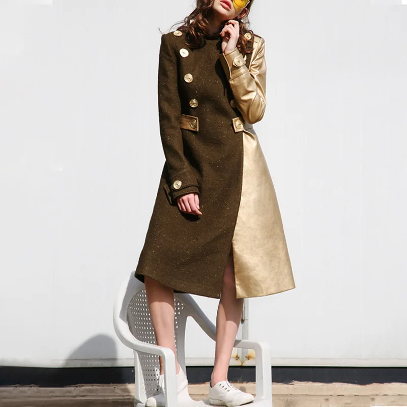 Женское зимнее пальто из искусственной шерсти в стиле пэчворк воротник-стойка