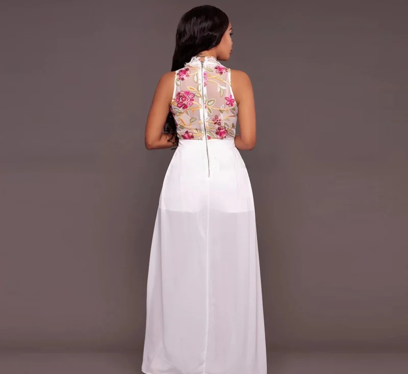 

New Summer Women Dress Mesh Flowers Embroidery Playsuit Women Rompers Dress Ankle-Length Beach Dress Vestidos Fashion