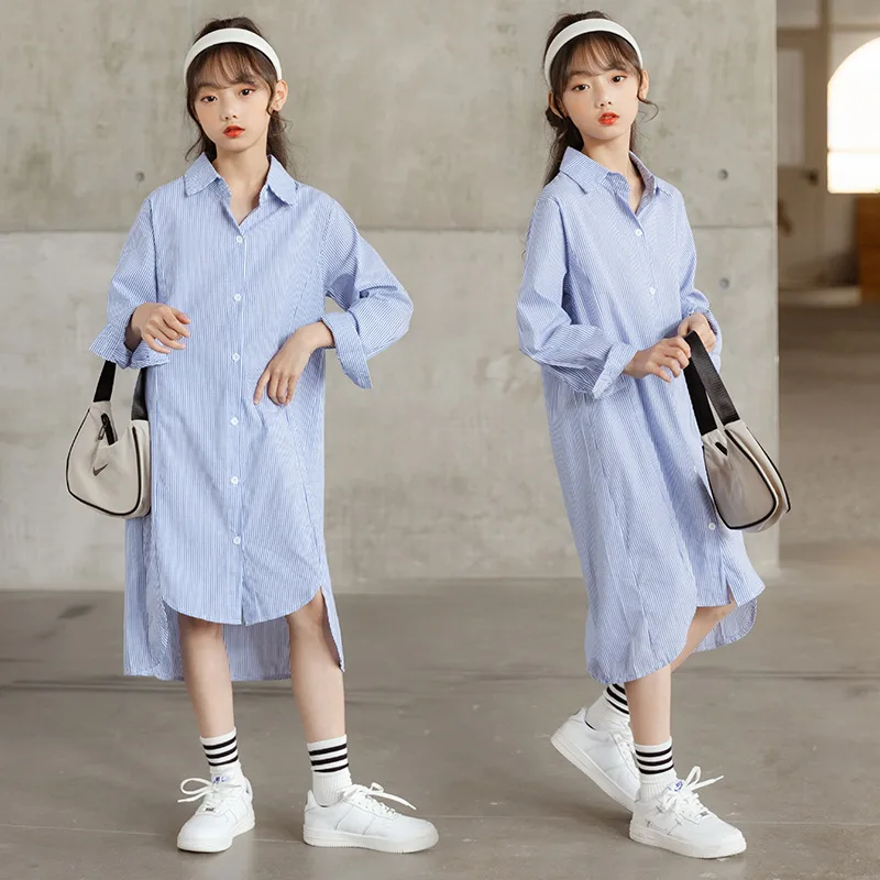 

Girls Shirt 2021 Korean Children's Wear Spring Summer Autumn College Style Striped Leisure Princess Skirt Parent-child Dress