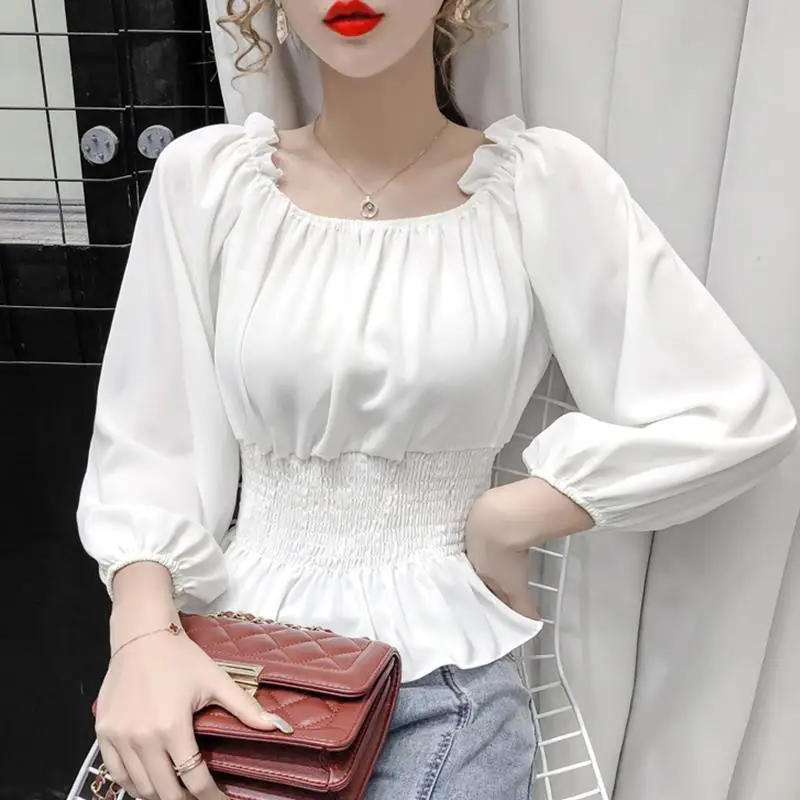 

Off Shoulder Top White Shirt Ruffle Top Women Chiffon Blouse Tunics Puff Sleeve Clothing Female Elegant