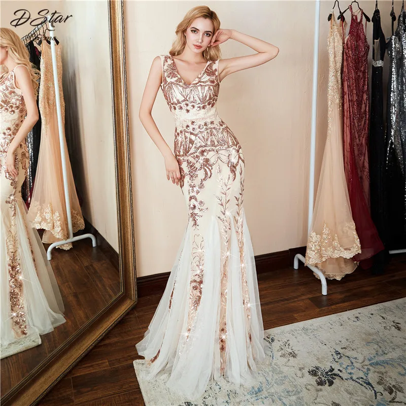 Элегантный Русалка из золотых цветов, платья с блестками, платье vestido de festa, сексуальным вырезом на спине и халат вечерние Макси платья женские платье длинное платье
