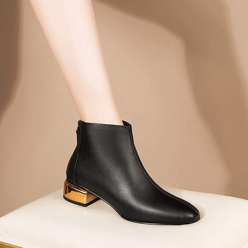 

Genuine Leather Newest Office Lady Working Boots Elegant low heels Ankle Boots 2020 Autumn Winter Shoes Woman Zipper