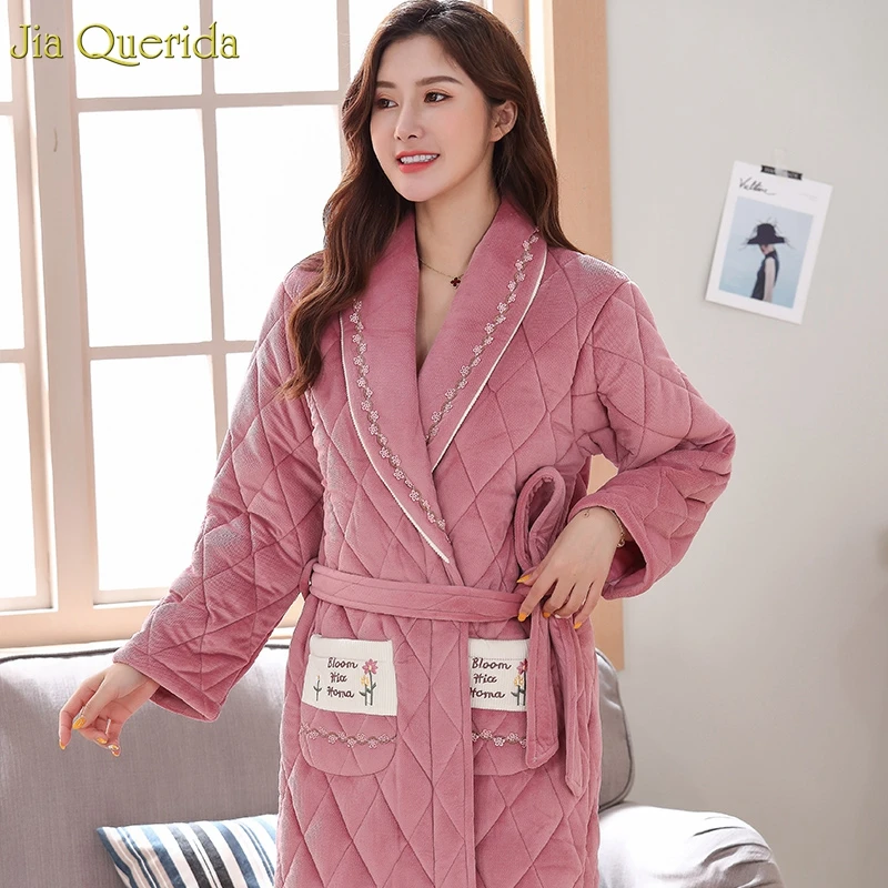 3-слойный мягкий плотный банный халат зимний розовый с поясом теплое кимоно