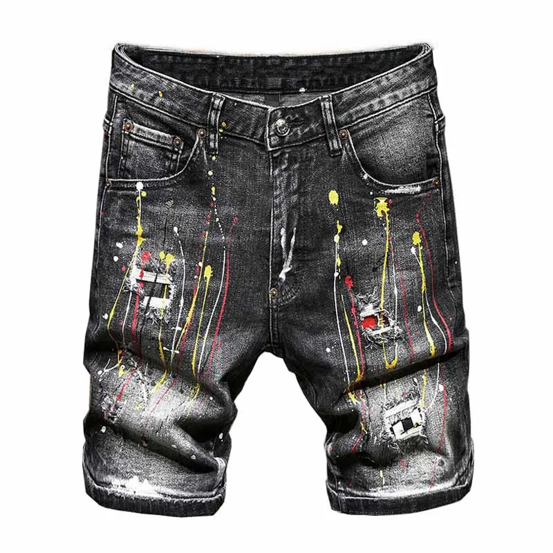 

Mcikkny Men's Dot Painted Ripped Denim Shorts High Street Classic Summer Shorts For Male Size 28-38