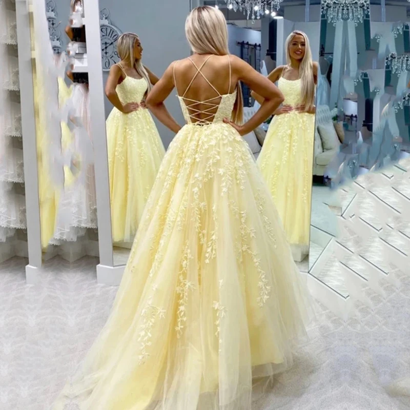 

Eightale Yellow Evening Dress 2020 A-Line Appliques Spaghetti Strap Prom Dress Party Formal Graduation Gown avondjurken