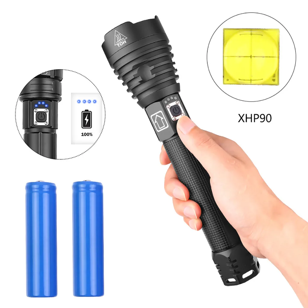 Алюминиевый сплав XHP90 мощный яркий светодиодный фонарик usb Зарядка мощность Ультраяркий фонарь дисплей 2500LM фонарик два аккумулятора