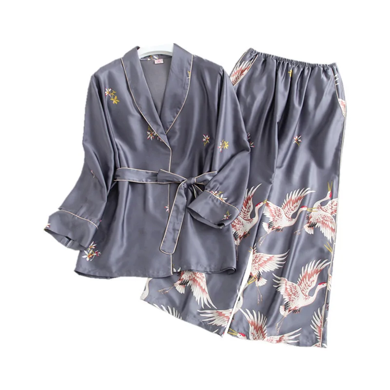 

Gray Print Crane Pajamas Set Lady Long Sleeve 2PCS Sleepwear Shirt&pant Casual Loose Thin Silky Satin Nightwear Home Clothes