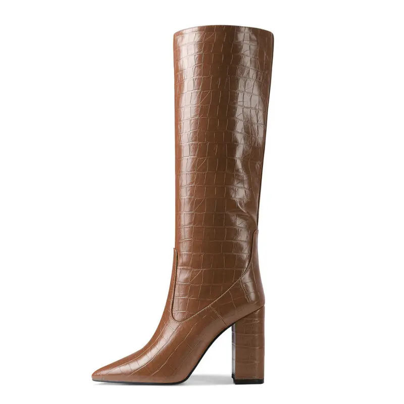 Сапоги женские из искусственной кожи с острым носком на высоком квадратном