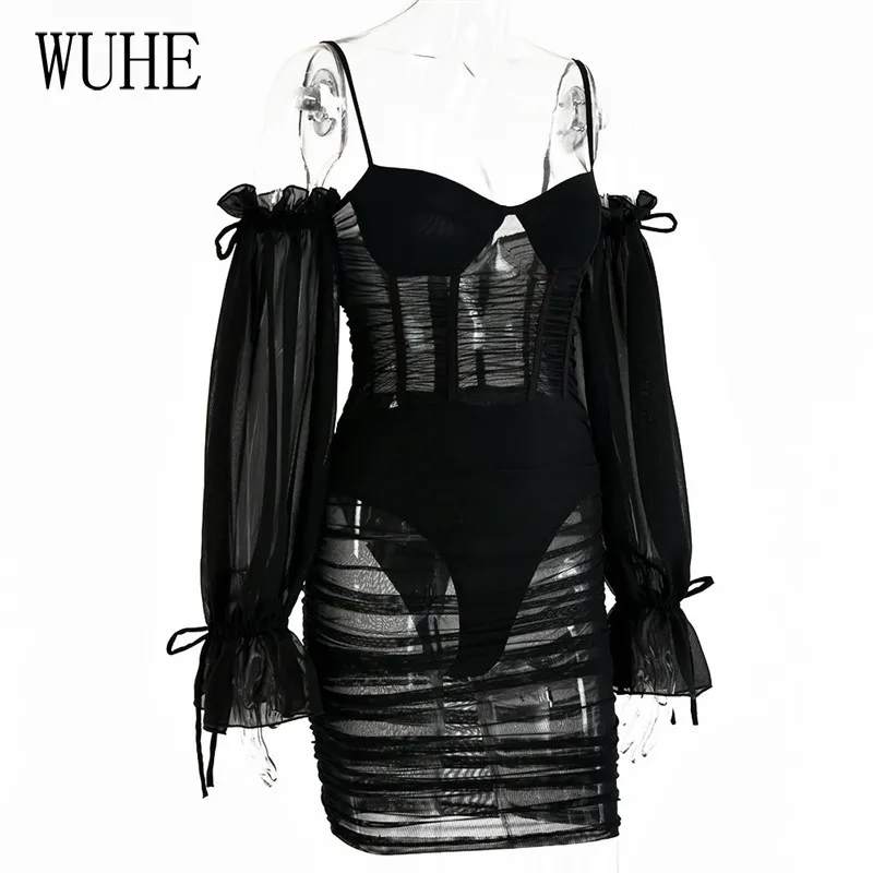 

WUHE See Through Mini Dress Long Lantern Sleeve Off Shoulder Hollow Out Sexy Slash Neck Nightclub Party Elegant Casual Dresses