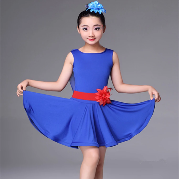 Blue Платье для латинских танцев; Детские платья с короткими рукавами для девочек; костюмы для бальных танцев, танго, танцев, соревнований; однотонные костюмы для сцены - Цвет: Blue