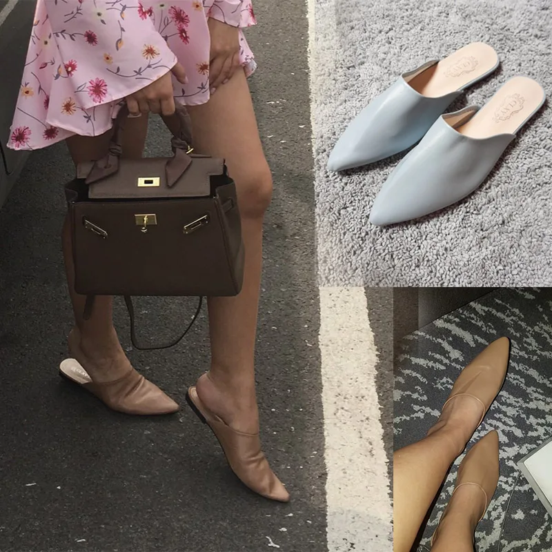 

Flat Shoes 2021 Fashion Mules For Women PU Leather Pointed Toe Slip On Sandalias Women Slipper Summer Sandals Women's Shoes