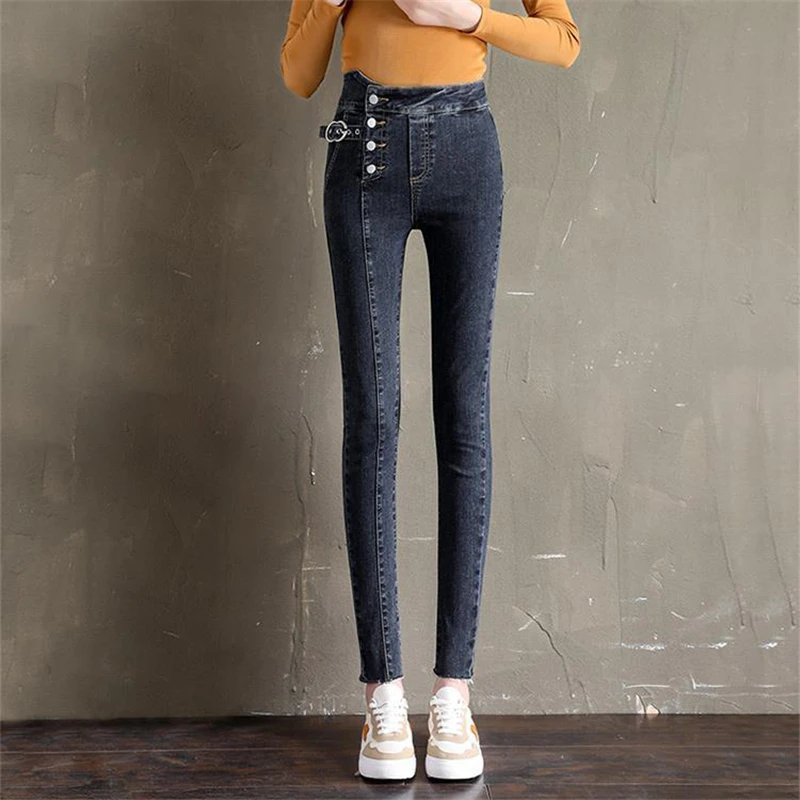 

Chic Single-Breasted Lace-Up Skinny Jeans Women High Waist Stretch Slim Denim Ankle-Length Pants Streetwear Pencil Pants