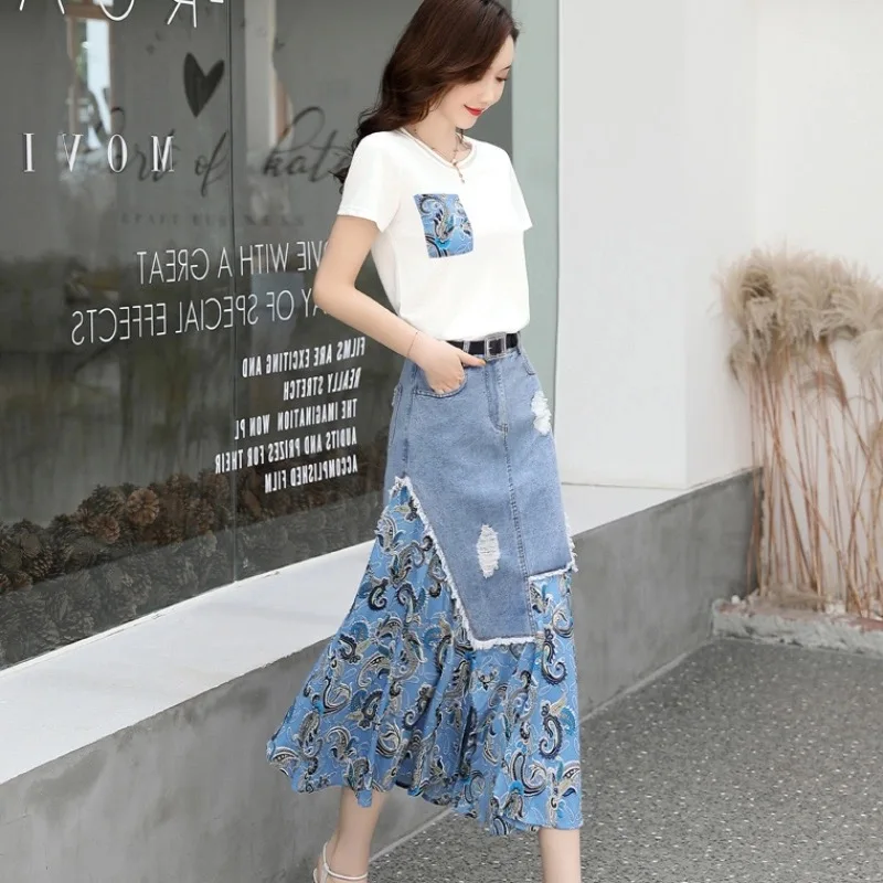 

Quality Thin Fashion Denim Stitching Half-length Skirt A-Line Denim Skirt Female Highwaisted Plus Size Casual Mid-length Skirt