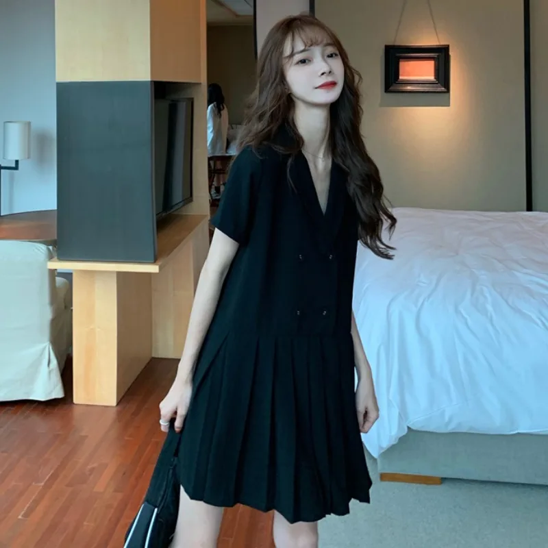 

Summer 2021 New Retro Hepburn Style Waist Slimming Suit Collar Pleated Temperament Short Sleeve Dress Women's Skirt