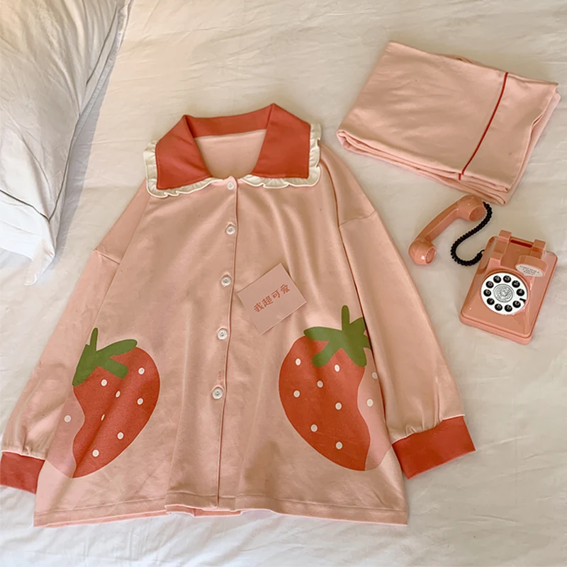 

Pajamas Women's Spring and Autumn Cute Pineapple Thin Two-Piece Suit Cotton Long Sleeve Large Size Korean Style Internet