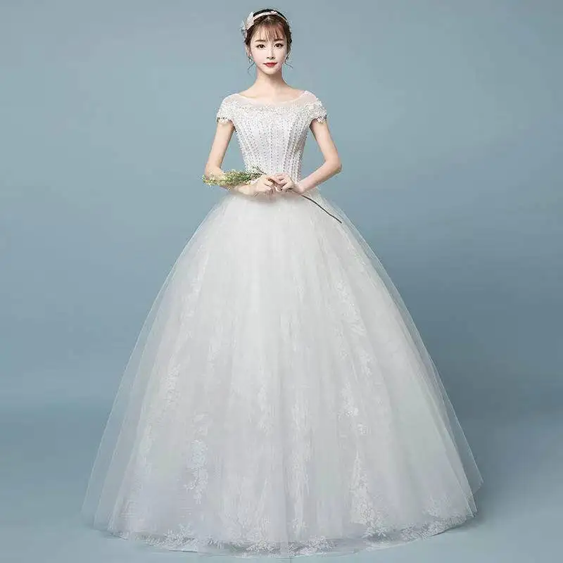 

Wedding Dress O-Neck Embroidery Pearls Floor-Length Lace Up Elegant White Short Sleeves Plus Size Wedding Gowns For Women G239