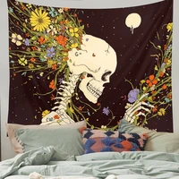skull floral tapestry in flowers moon tapestry mandala carpet hippie divination black skull witchcraft wall hanging blanket