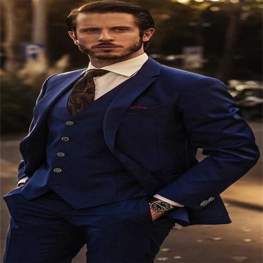 

Новинка 2021, высококачественный темно-синий мужской костюм лучшего качества, свадебный костюм из 3 предметов с отложным воротником, пиджак, б...