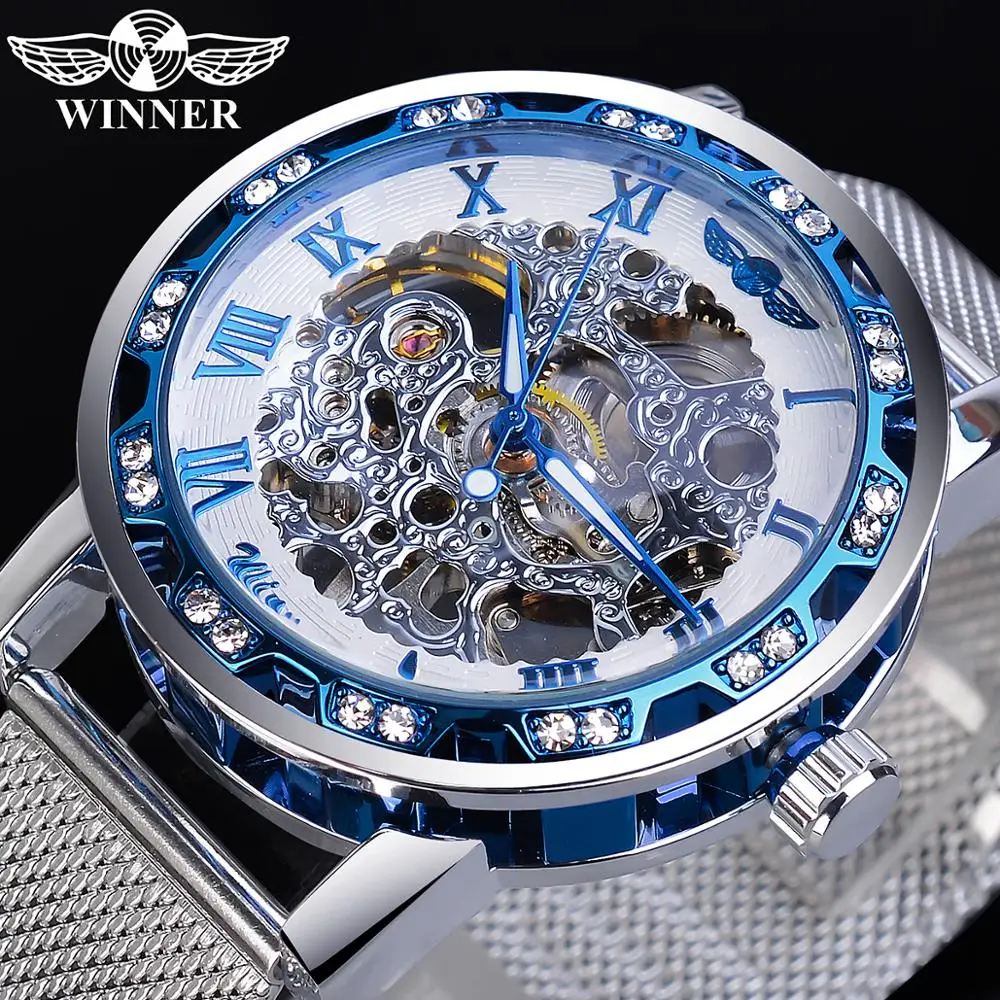 

Winner New Arrival Mechanical Watch For Men Fashion Silver Mesh Business Classic Erkek Kol Saati Top Brand Luxury Diamond Clock